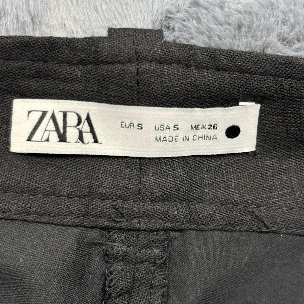 Zara Womens Black Embroidered Linen Blend Wide Leg Pants High Waist Small 26